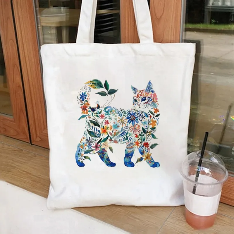

Watercolor Cat Print Canvas Tote Bags Large Shopping Bag Books Female Cosmetic Bag Shoulder Handbag Girl Handbags
