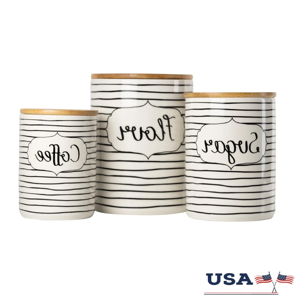 

3 Piece Ceramic Canister Set Bamboo Lid Silicone Gasket Food Storage Container Set Kitchen Organizer Sugar Flour Coffee Storage