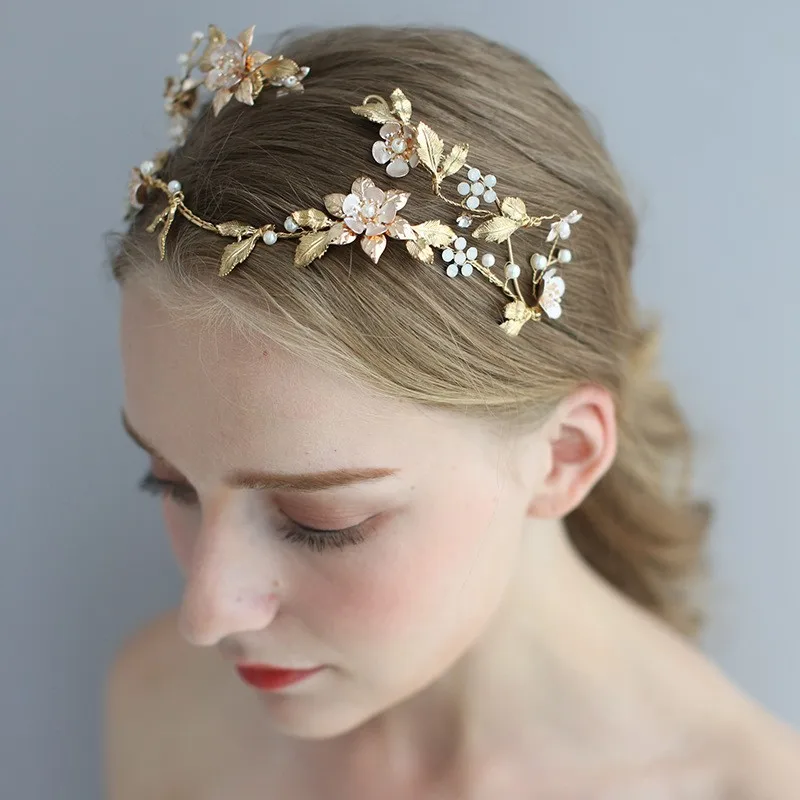 Gold Color Leaf Floral Wedding Tiara Hair Crown Rhinestone Accessories Handmade Bridal Headband Women Party Headpiece