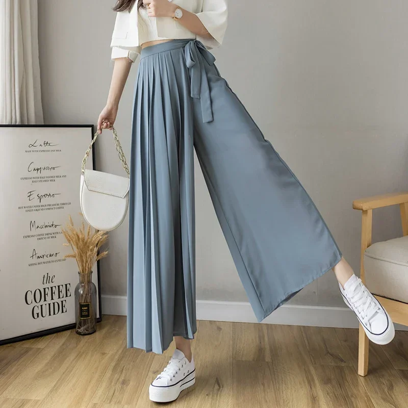 2024 Spring Summer New Style Korean Women Pleated Chiffon Trousers High Waist Pants Casual Wide Leg Pantalones