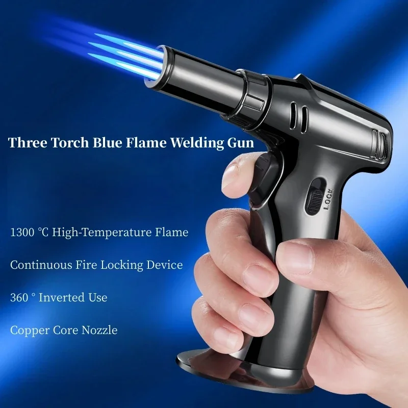 New Metal Windproof Turbo Torch Straight Flush Blue Flame Butane Gas Lighter Outdoor Camping Kitchen Barbecue Welding Gun