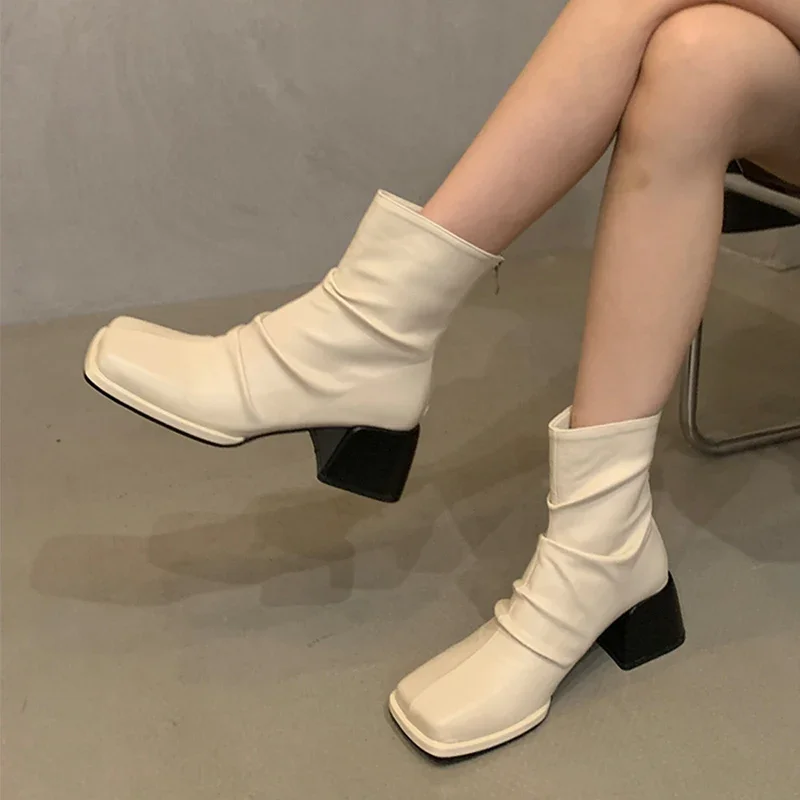 Square Toe Chelsea Ankle Boots Women High Heels Shoes Designer New Chunky Gladiator Shoes 2024 Autumn Punk Pumps Mujer Booties