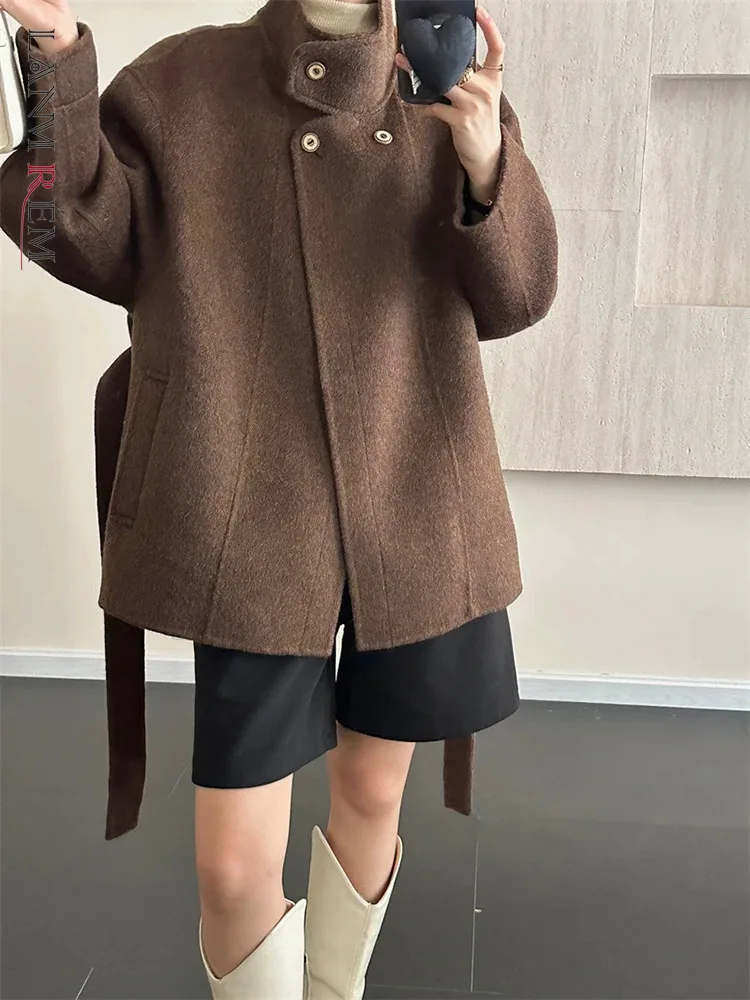 LANMREM Office Lady Double Sided Woolen Short Coat Women\'s Stand Collar Solid Color Luxury Coats 2024 Autumn Winter New 2Z2325