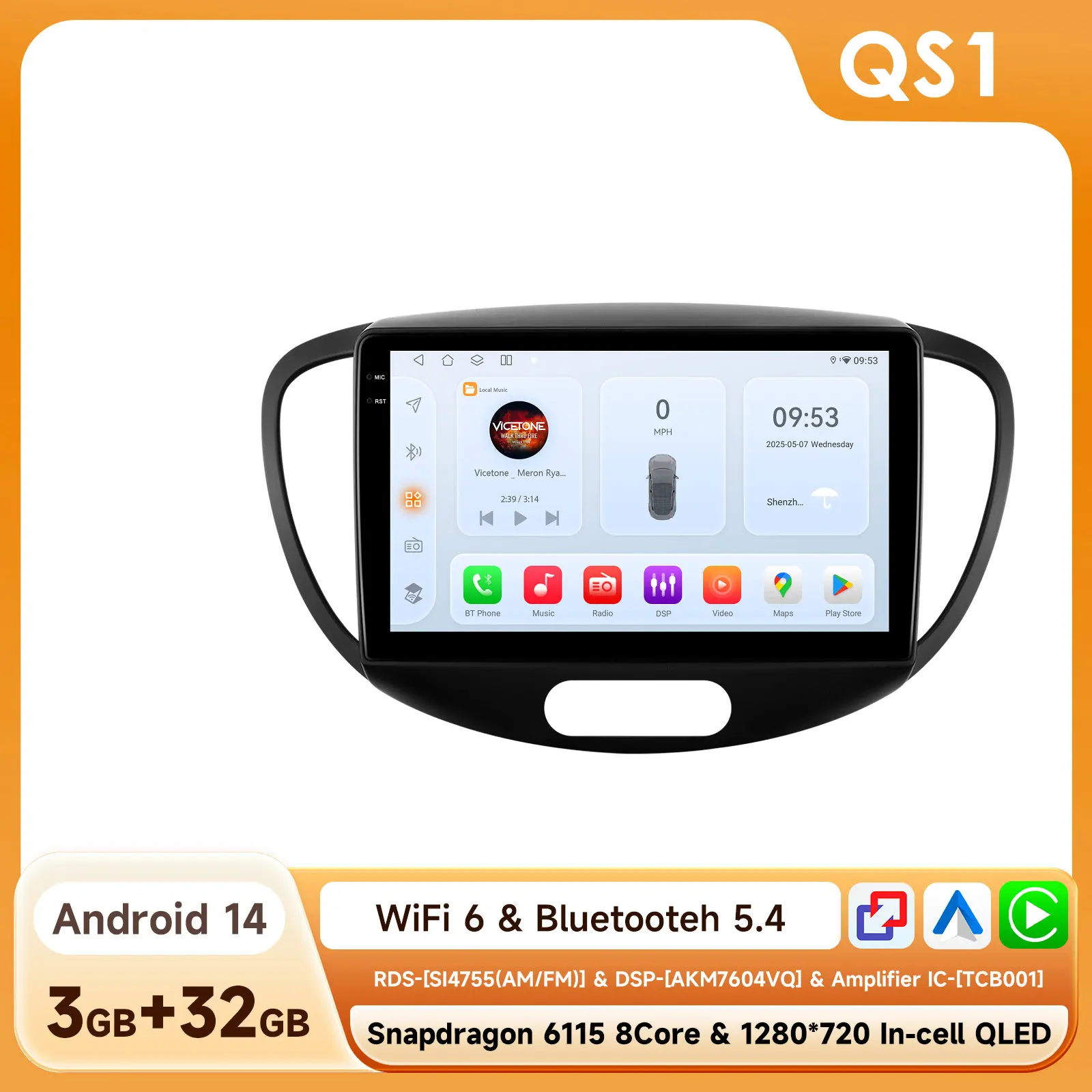 9 "Algpo 2Din Android14 Autoradio voor Hyundai i10 2007-2013 BT 4G Auto CarPlay Navi GPS RDS DSP Snapdragon 6115 360 ° CAM
