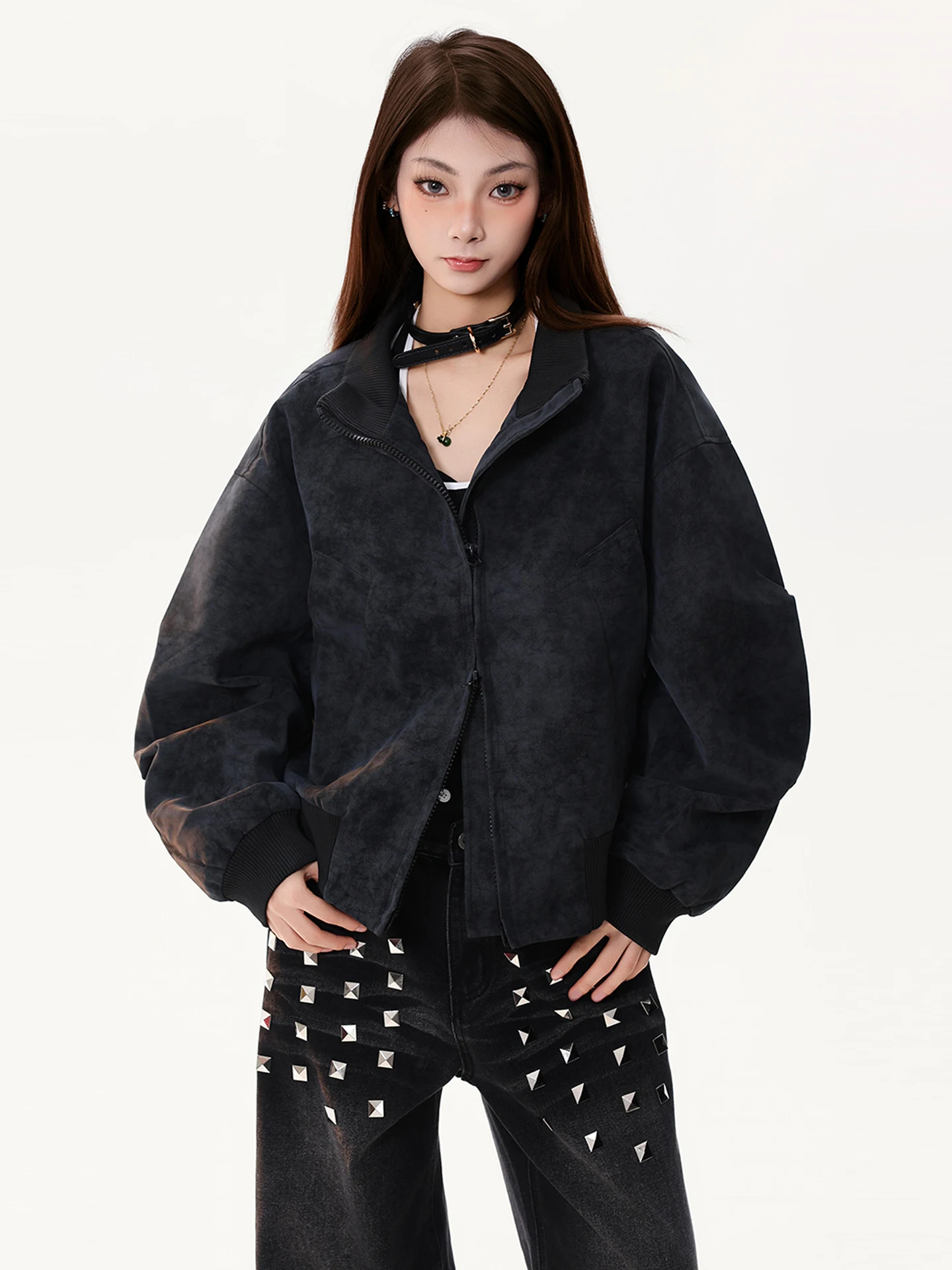 PBB American Street Sle Loose Dames Leren Jas Herfst Flight Couple's Jaet Polyester Fiber Straight Tube pe