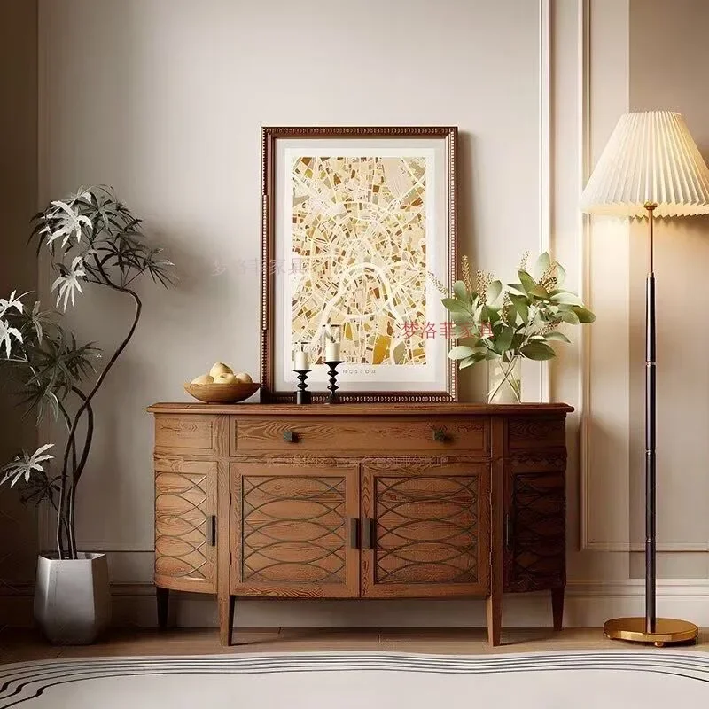 HYS retro dining side cabinet creative solid wood carving flower storage cabinet living room entrance hotel homestay decoration