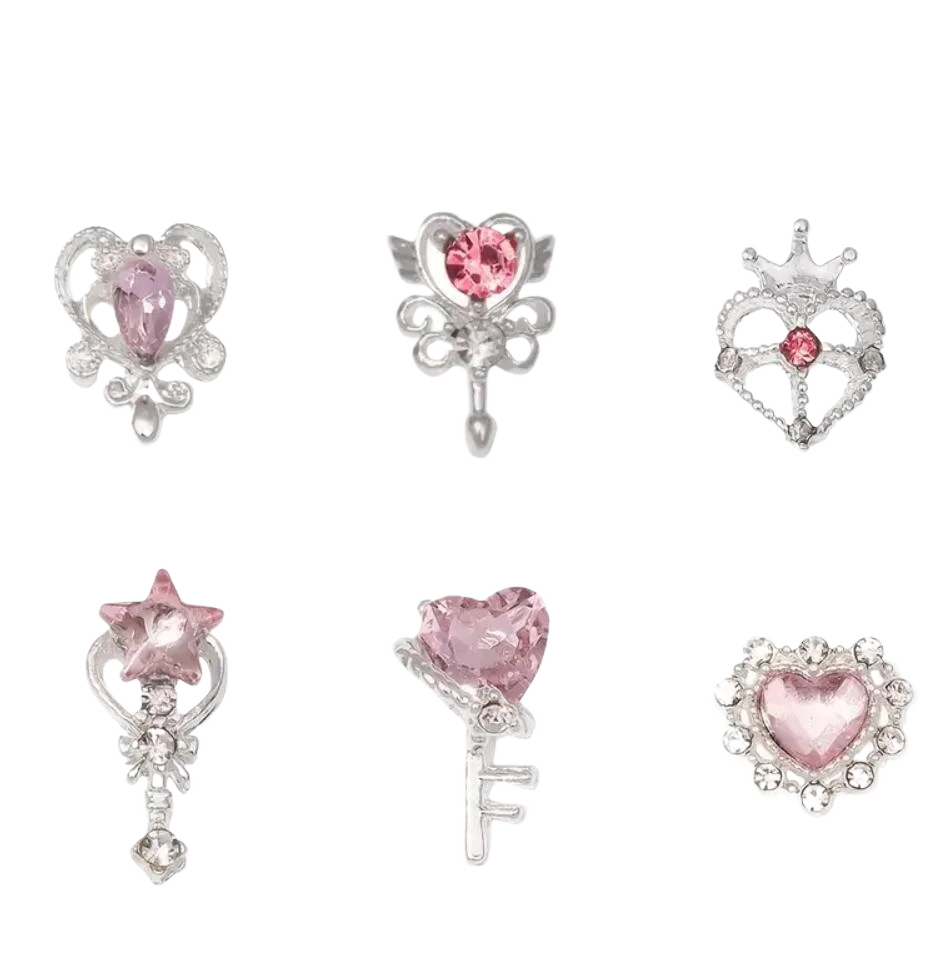 30 stks/doos Luxe Roze Diamant Liefde Hart Nail Charms Kawaii Sailor Meisjes Toverstaf Crystal Gems DIY Manicure Sieraden Decor # Y2K