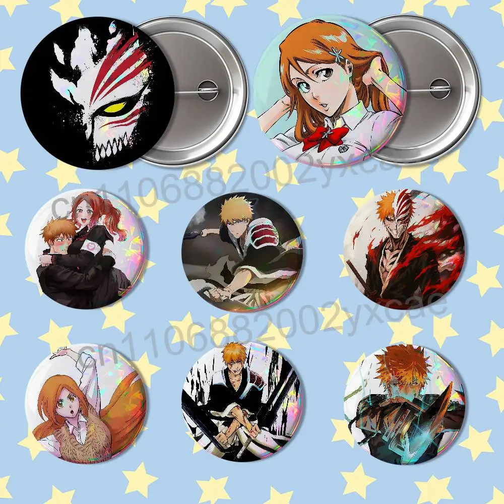 Orihime Inoue Ichigo Kurosaki BLEACH Laser reflective round badges pins bag clothing decorations collectibles gifts for friends