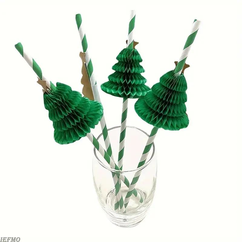 Christmas Tree Honeycomb Paper Straws Holiday Straws with Green Tree and Gold Star Design Perfect for Holiday Celebrations