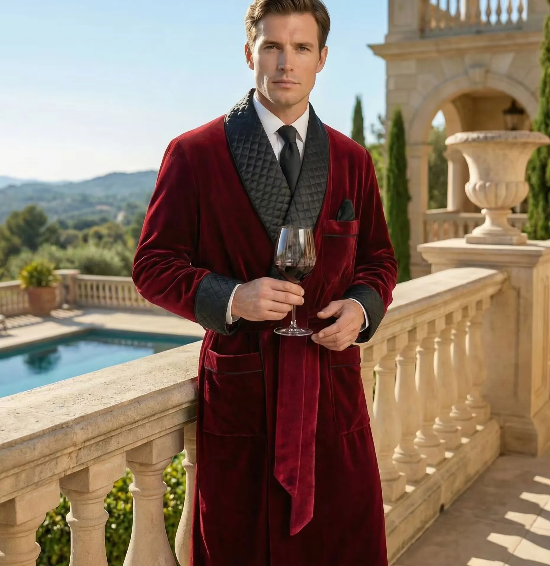 Long Velvet Smoking Jacket Shawl Lapel Wedding Groom Coat  Men Suit Blazer with Belt Just the coat