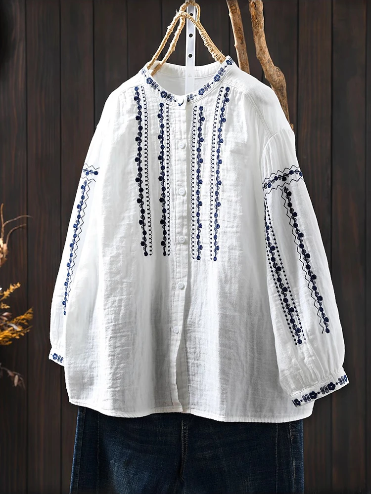 

Women Long Sleeve Casual Shirt New Arrival 2025 Spring Vintage Style Floral Embroidery Loose Female Cotton Tops Shirts M1246