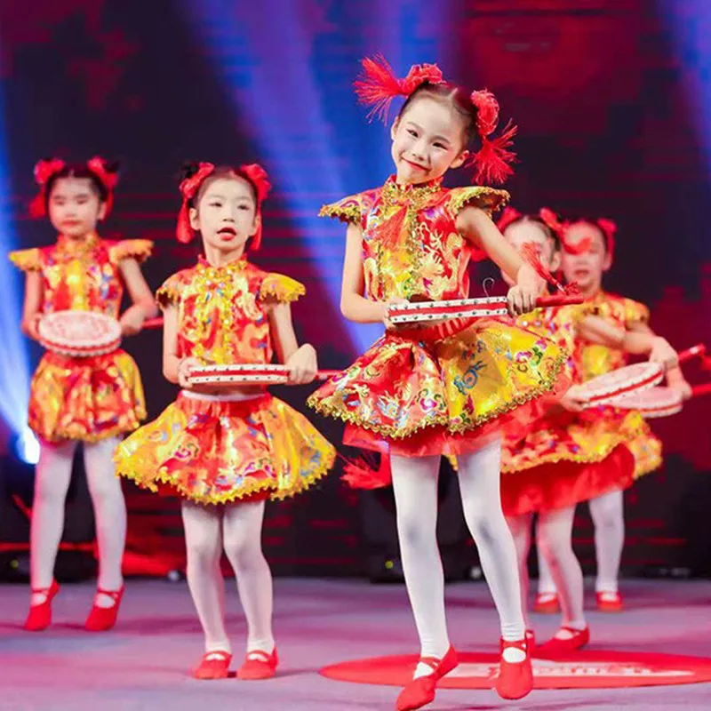 

Men and women children festive costumes Christmas opening red Yangko dress drumming dress Chinese style folk dance dress