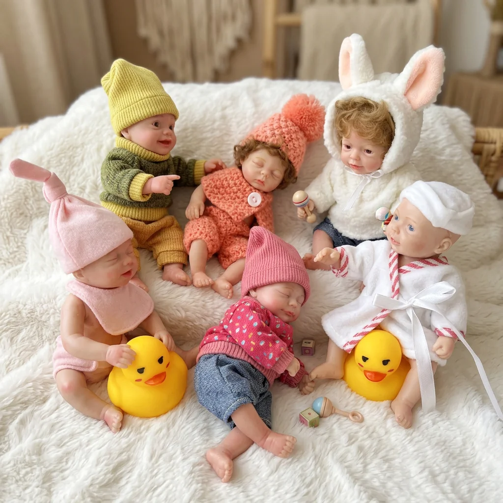6 Inch Full Body Silicone Reborn Doll Set Realistic Hand-Painted Mini Reborn Baby Dolls Waterproof Collectible Art Ornament