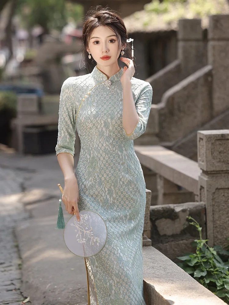 

Sexy Embroidery Chiffon Daily Qipao Dress Mandarin Collar Seven Points Sleeves Lace Chinese Cheongsam