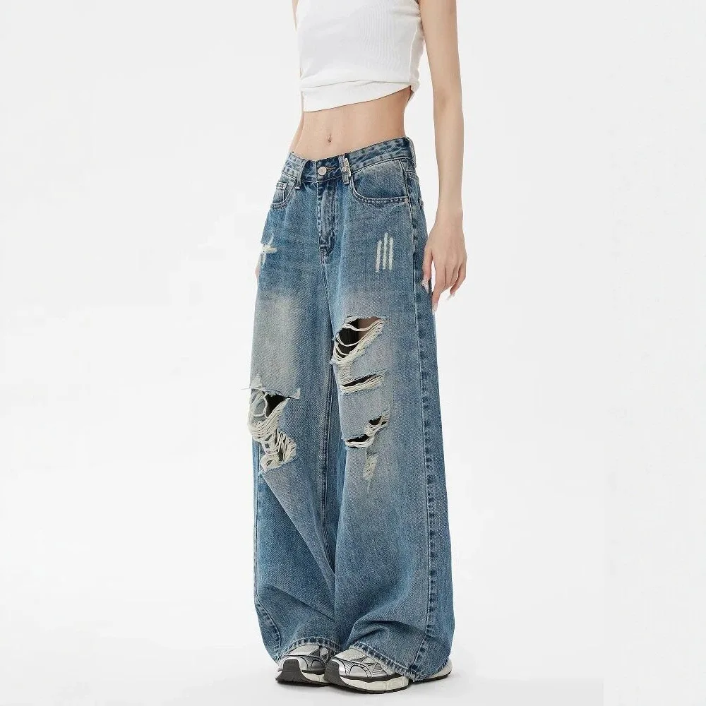American Retro Loose Ripped Jeans Women's 2026 New Lazy Wind Drooping Straight Mopping Long Pants