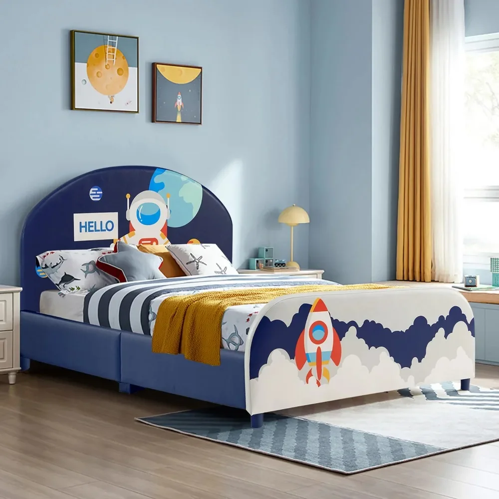 

Modern Kids Upholstered Platform Bed, Children Twin Size Wooden Bed Astronaut Pattern