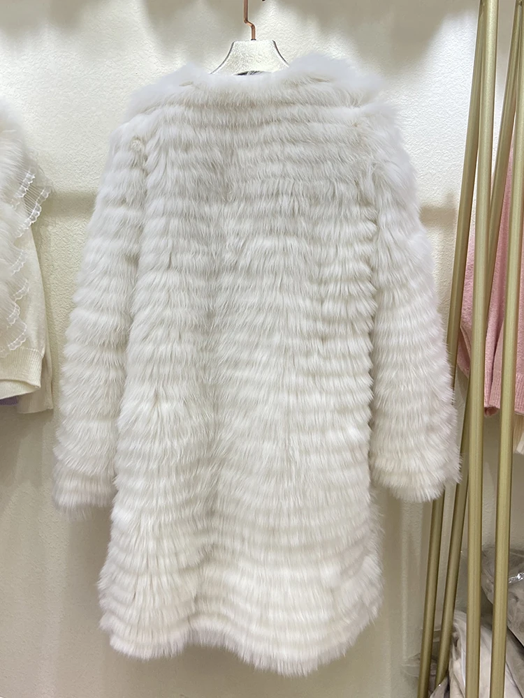 Women Winter White Real Fox Fur Long Jacket Outerwear Coat Natural Fur Thick Winter Coat Length 95cm