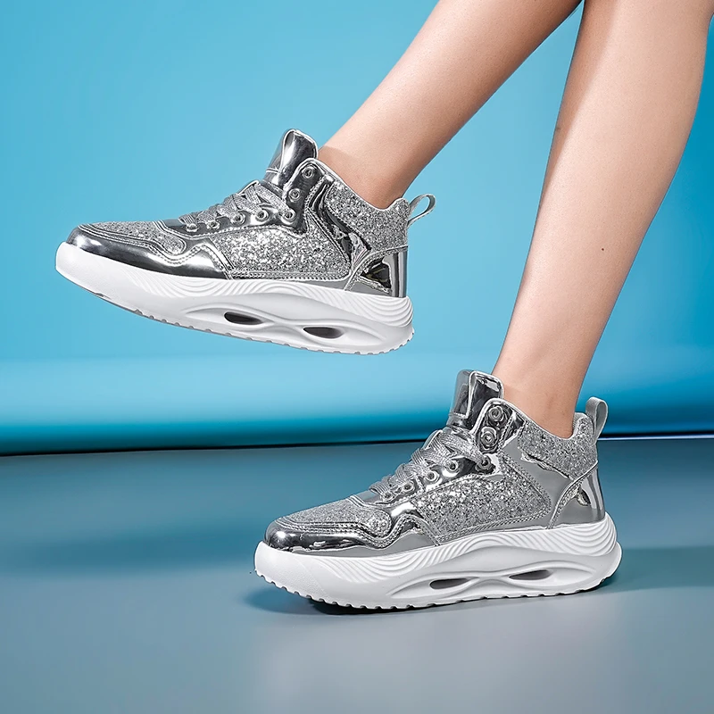 Sepatu Payet Wanita Hip Hop Fashion Sepatu Skateboard Glitter Luar Ruangan Bertali untuk Pria Sepatu Lari Bantalan Udara Platform Pasangan