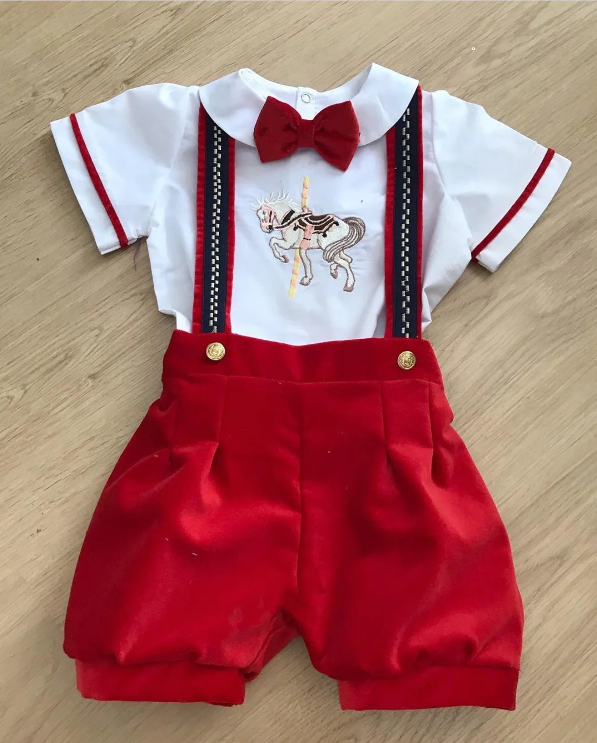 

Baby Boy Set Autumn Winter Red Velvet Horse Embroidery Vintage for Eid Causal