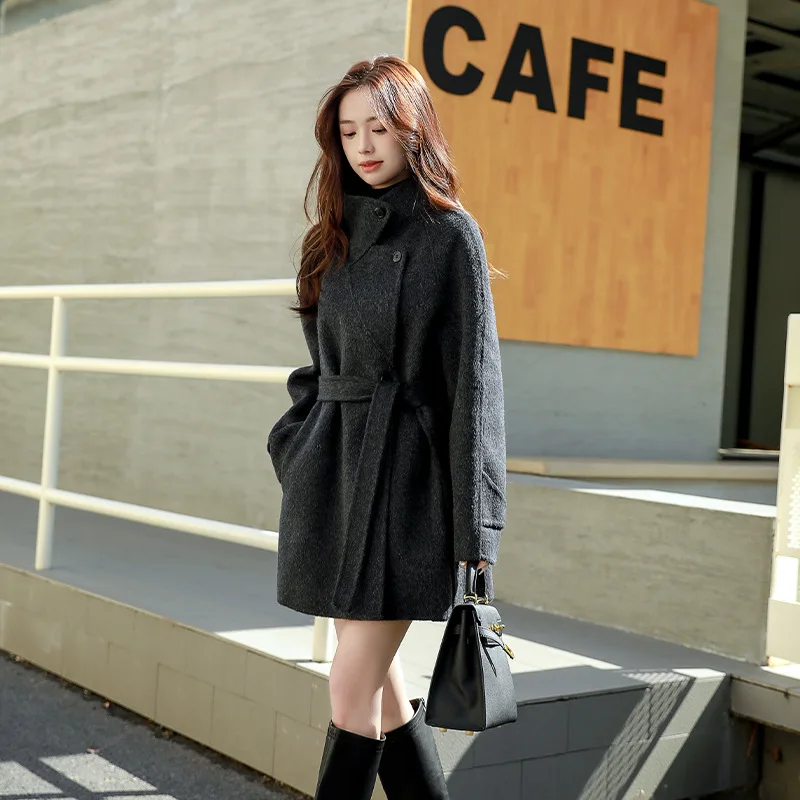 양면 카메라 와이드 레그 코트 여성용 가을 겨울 패션 한국 스타일 스탠드 칼라 루즈 울 재킷 우아함