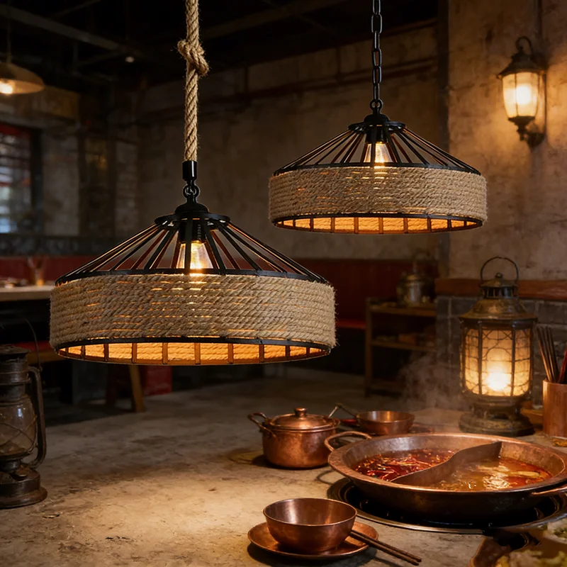 麻ロープシャンデリアヴィンテージ-led-ペンダントライトレストランハンギングランプレトロランプシェードリビングルームの家の装飾