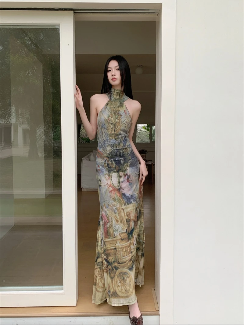 CHEERART Renaissance Oil Painting Long Luxury Dresses Women 2024 Vintage Sleeveless Backless Maxi Dress Brand Designer Summer