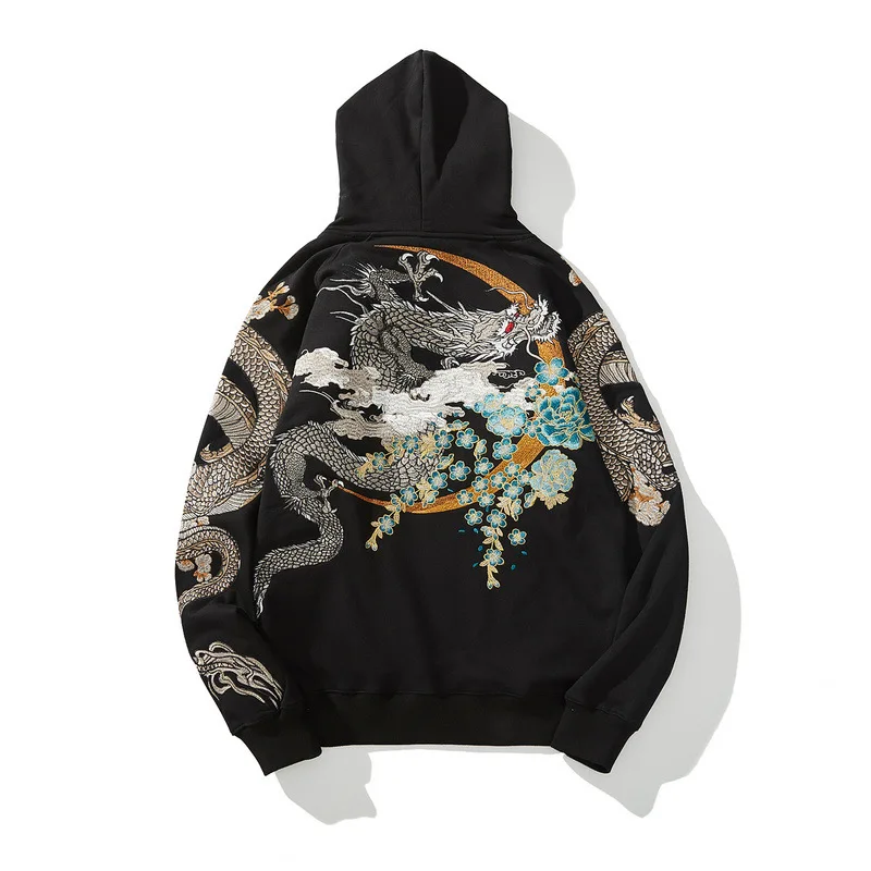 Fashion Hip Hop Hooded Hoodie Vintage Dragon Embroidered Sweater Y2K Harajuku Street Sweatshirt Men Causal Autumn Winter