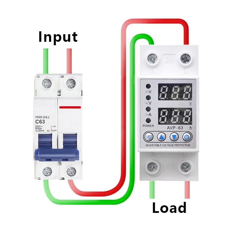 230V 40A 63A Adjustable Over Voltage Under Voltage Reclosing Protector Relay Limit Over Current Protection Dual Digital Display