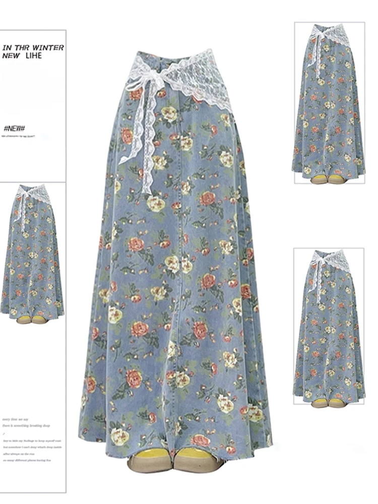 

plus Size Women's Floral Denim Skirt High Waist A-Line Midi Skirt Commute Sle Korean Version Straight Tube Model