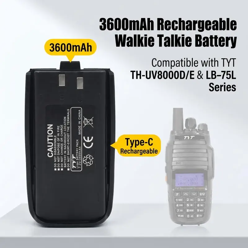 3600mAh  Type-C Rechargeable Li-ion Battery Pack For TYT TH-UV8000D TH-UV8000E LB-75L Walkie Talkie Replacement Radio Accessory