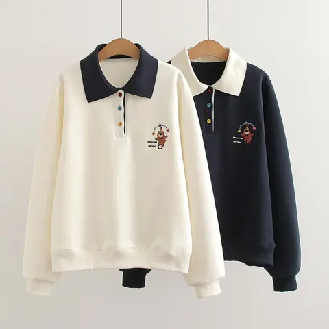 Japanese Sweet Mori Girl Cartoon Bear Embroidery Fleece Cotton Pullover Sweatshirts Women Autumn Polo Collar Casual Hoodies