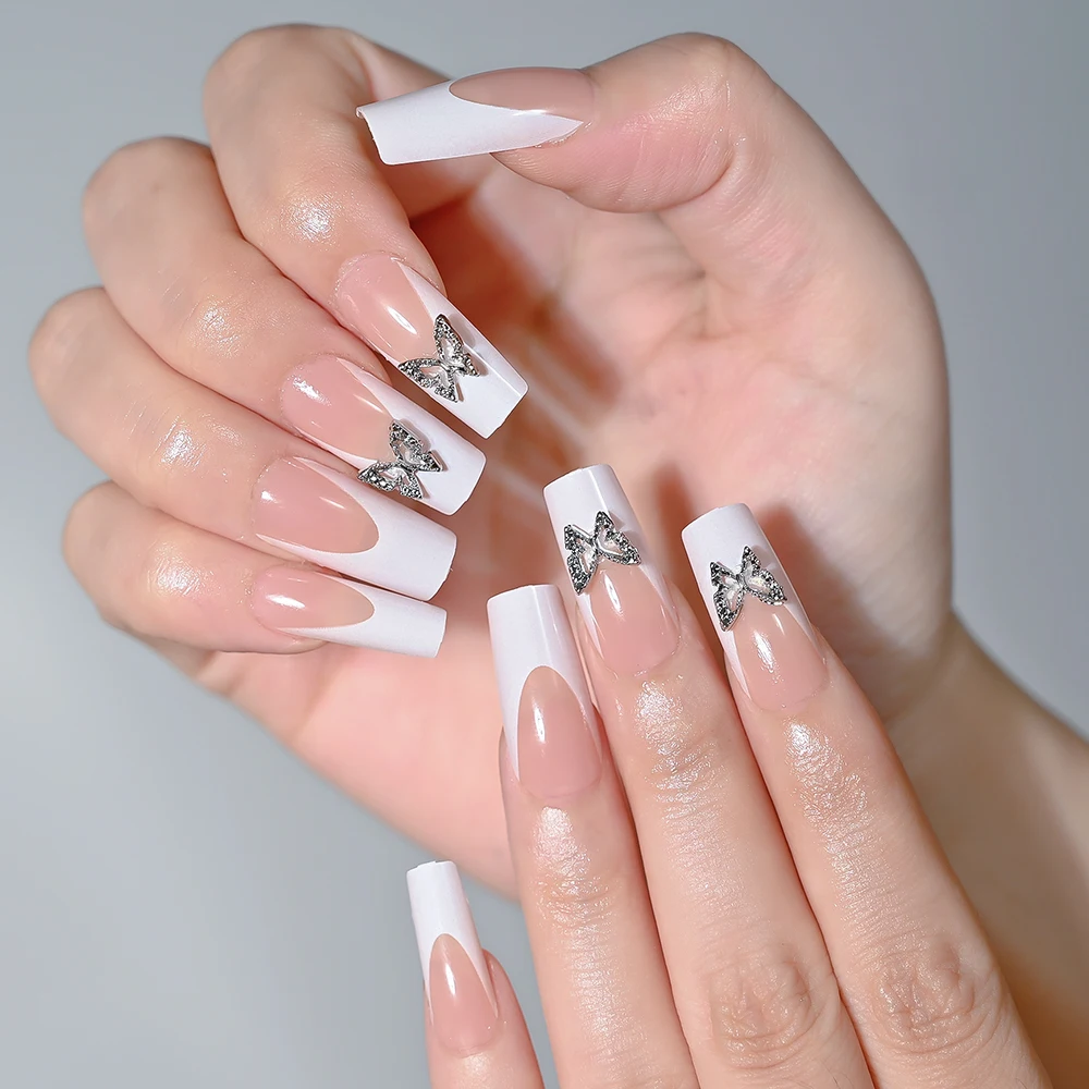 24Pcs/Set Nude French Press on Nails 3D Butterfly Fake Nail Tips Women Girls Wearable Acrylic False Nails with  Alloy Charms