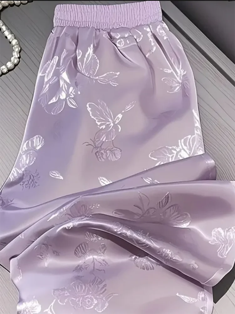 Women Light Purple Satin Midi Pants Elastic High Waist Embossed Butterfly Floral Print Flowy Long New Chinese Casual Pants