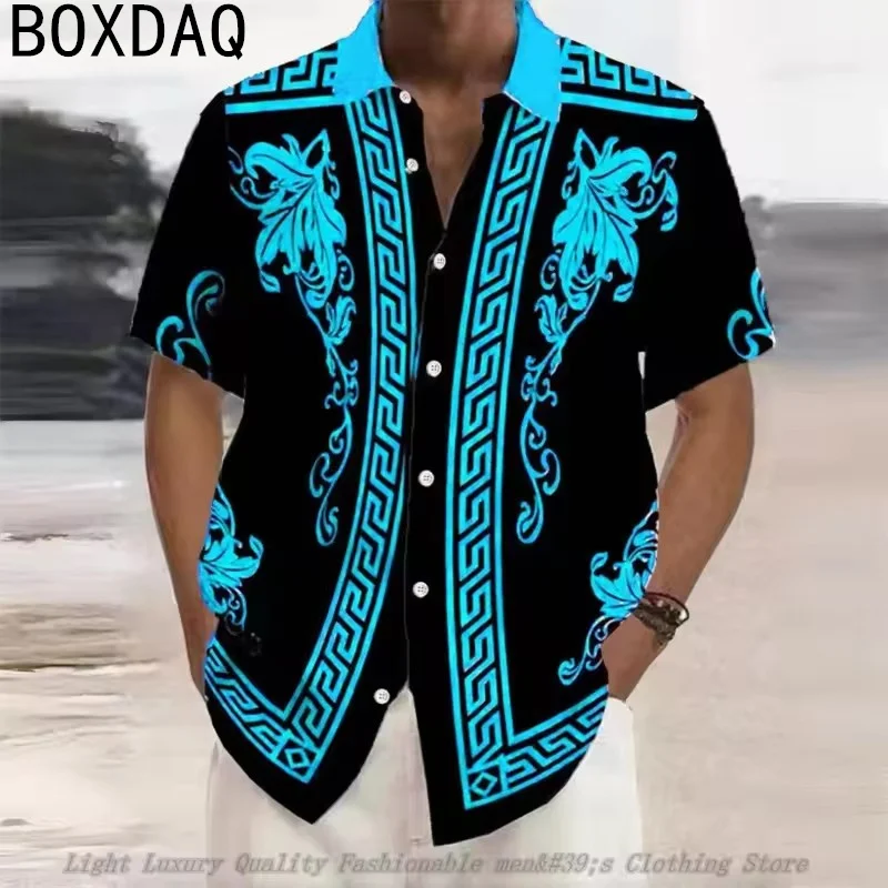 Men's Retro Luxurious National Style Chain Printed Shirt Men's Summer Short Sleeve Lapel Blouse Tops Big Size Casual Shirt Tops