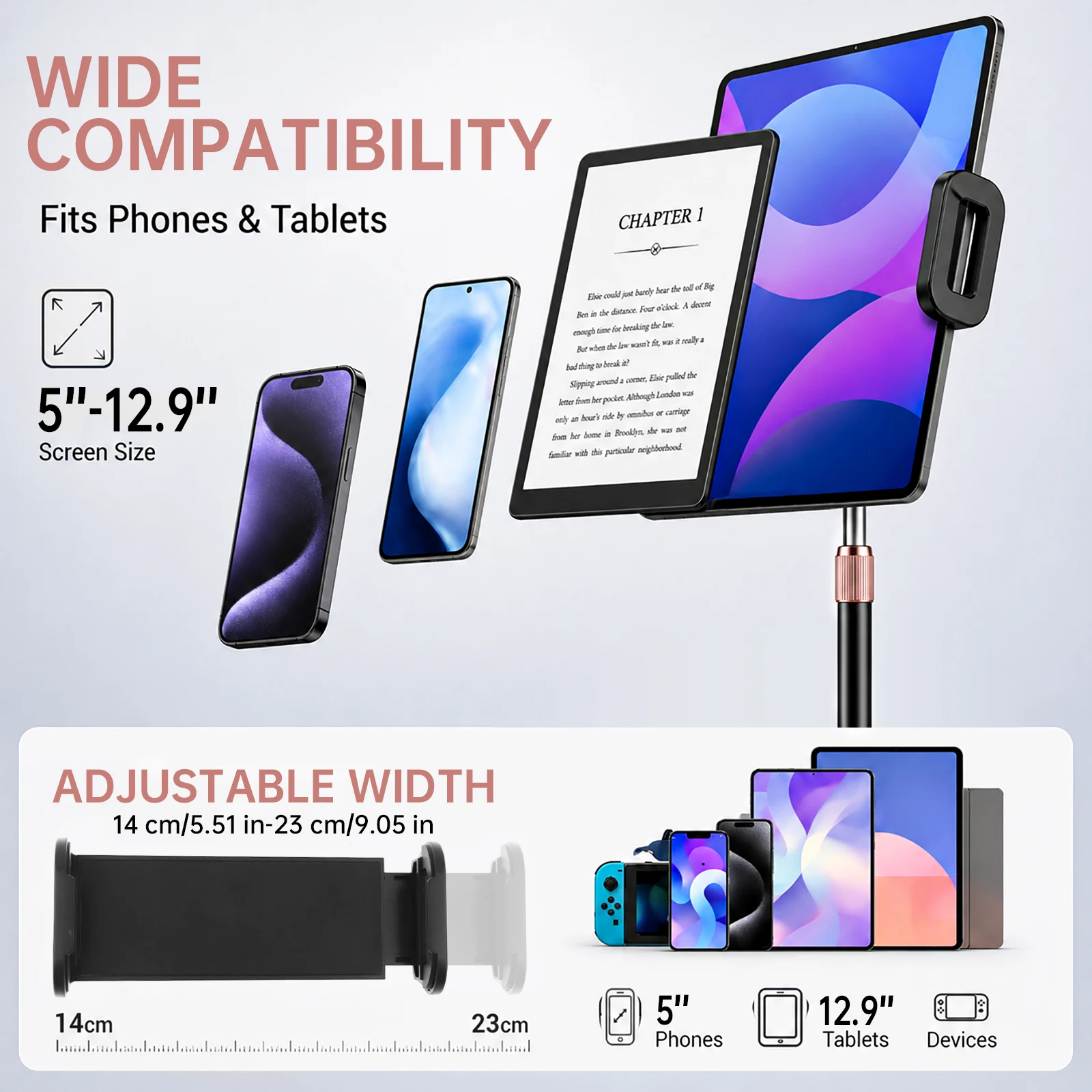 Desktop Tablet Phone Holder Stand 360 Rotating Height Adjustable 5-12.9 in Tablet Holder Mobile Cell Phone Support Desk Bracket