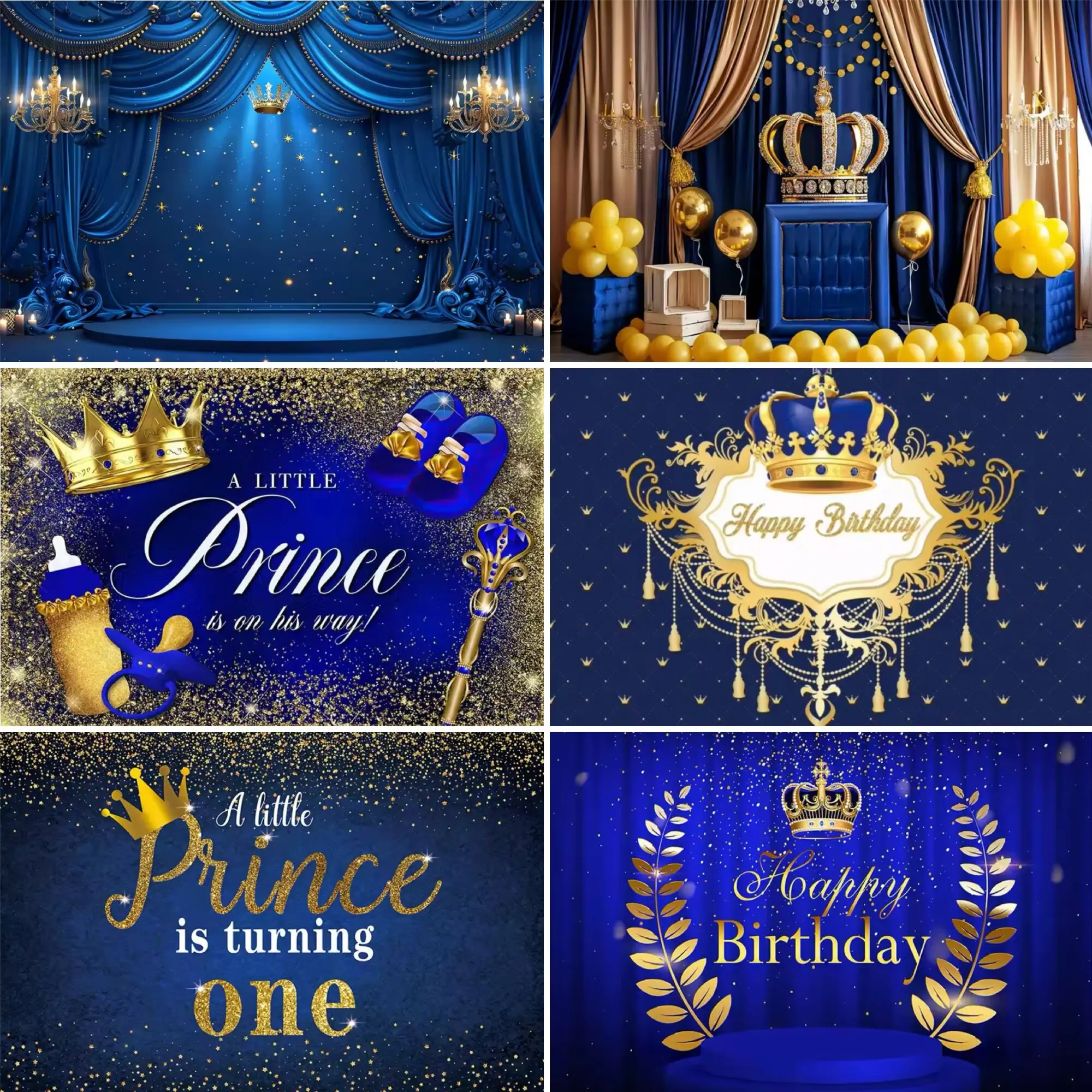 Royal Little Prince Blue and Gold King's Crown Birthday Party Background Baby Bathing Photography Multi functional Decor Banner