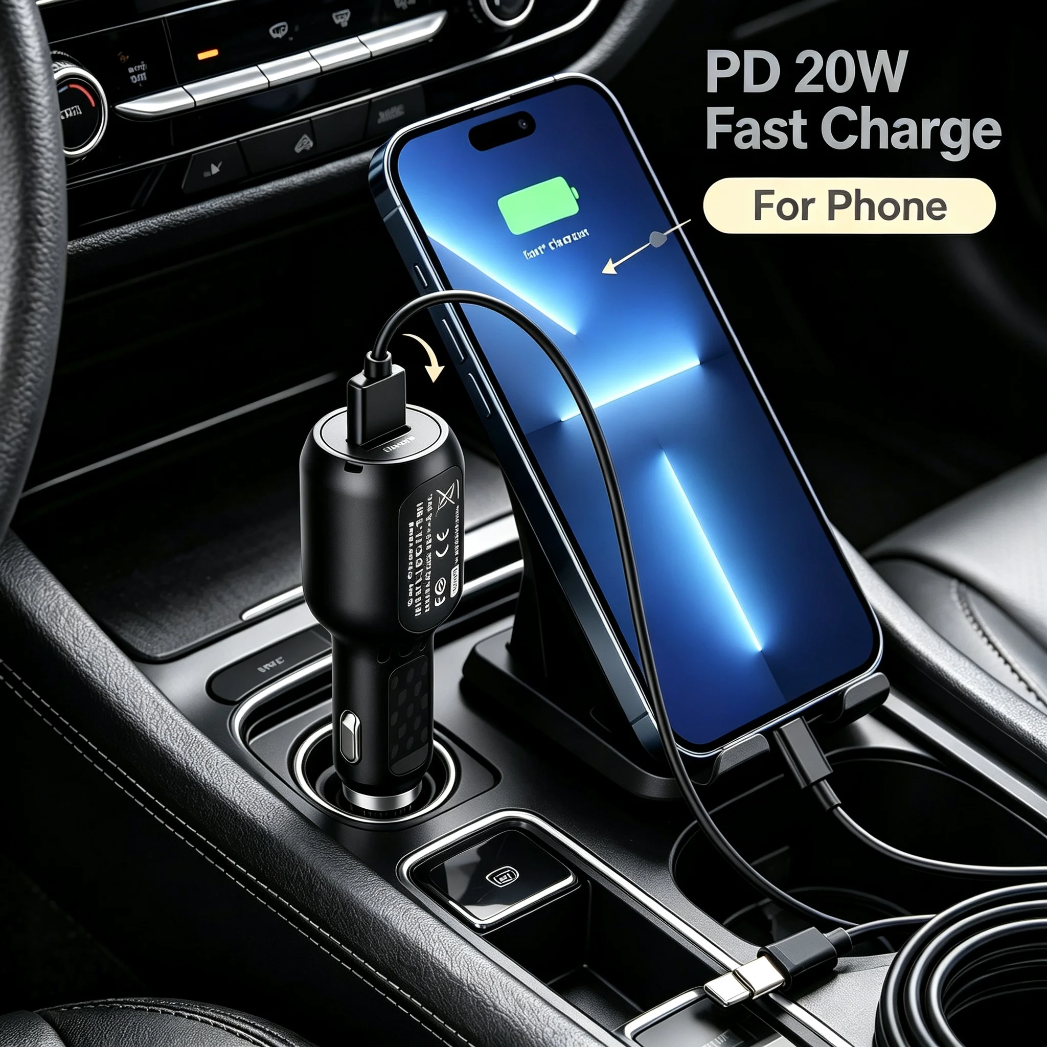 PD 20W Car Charger for Phone, 3.5M Type-C Dash Cam Charger Cable, Fast Charging Car Adapter for Mobile & DVR