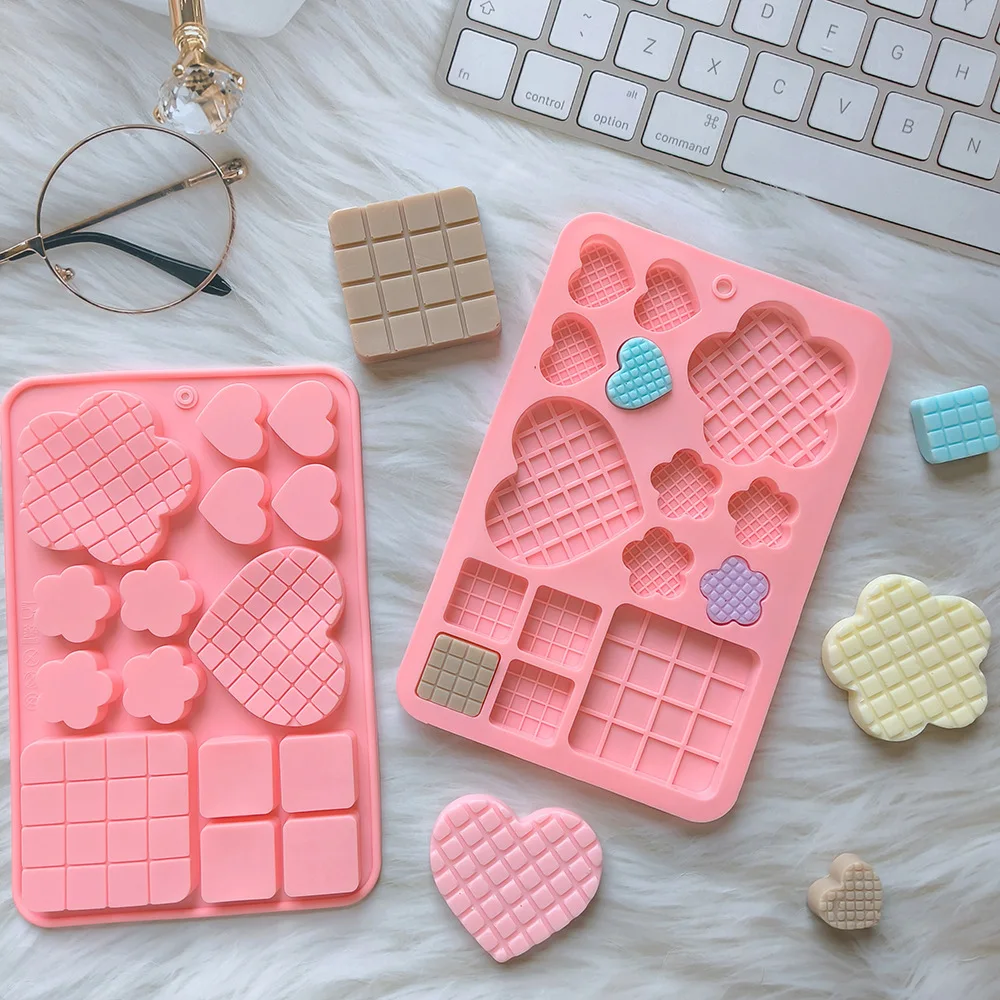 Porous Waffle Love Silicone Baking Mould Heart Flower Chocolate Jelly Ice Mold Square Cake Decor Making Set DIY Soap Candle Gift