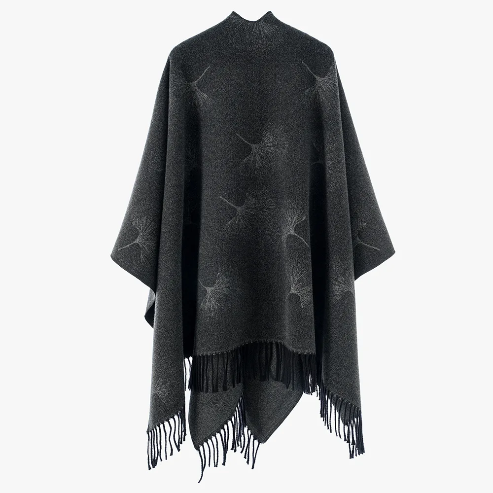 Mélange de laine doux et confortable, Poncho porte-bonheur feuille de Ginkgo, manteau Long unisexe, printemps automne hiver, couverture châle épais
