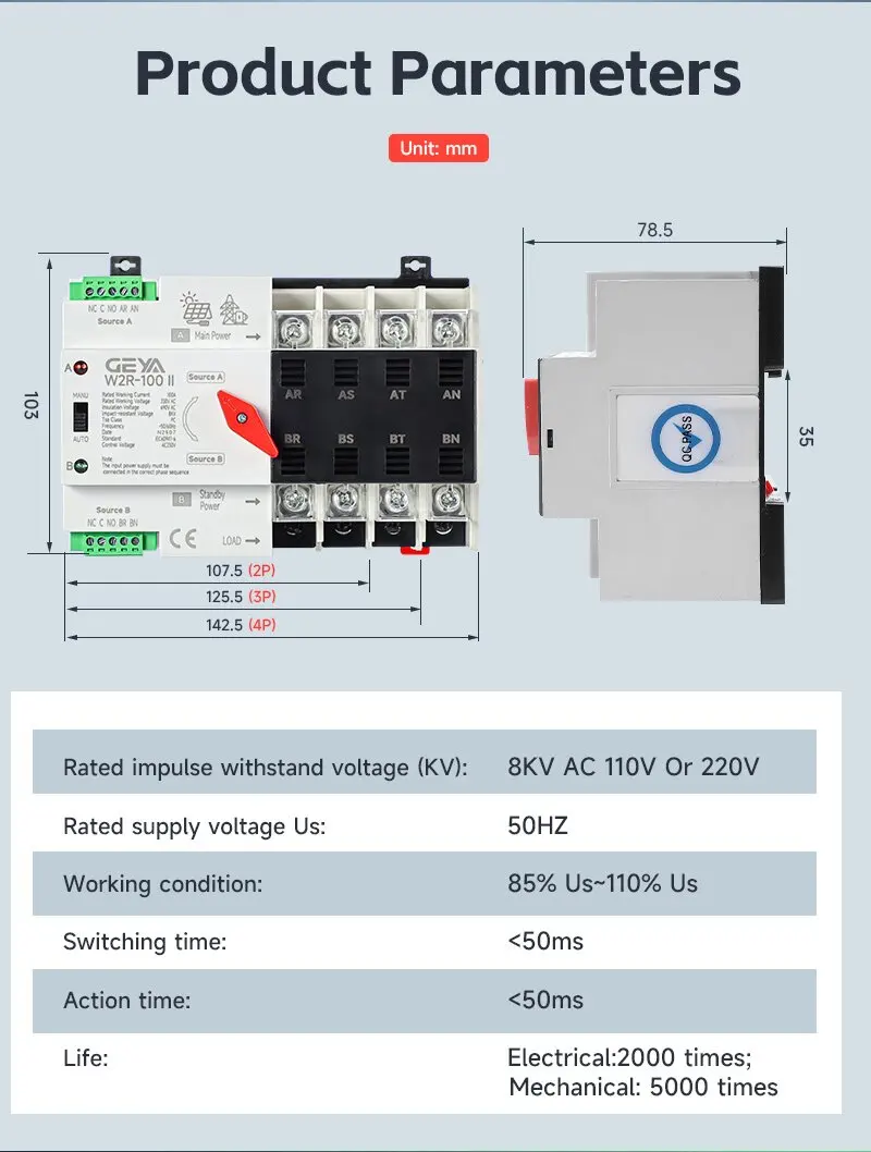 GEYA W2R ATS 220V PC Dual-Power Automatischer Transferschalter 100A Haushalts-Stromtransferschalter Solar-Stromversorgung ATS Stadtspeisung – Detail 6