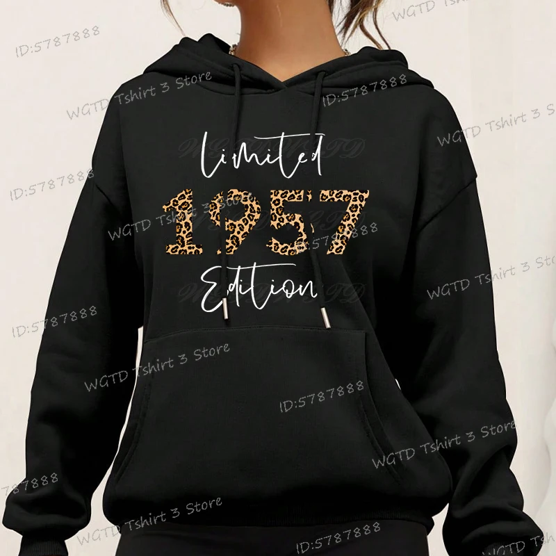 Women Long Sleeve Hoodie Limited 1957 Edition Graphic Sweatshirts Female Leopard Birthday Year Vintage 1949 To 1959 Ladies Hoody