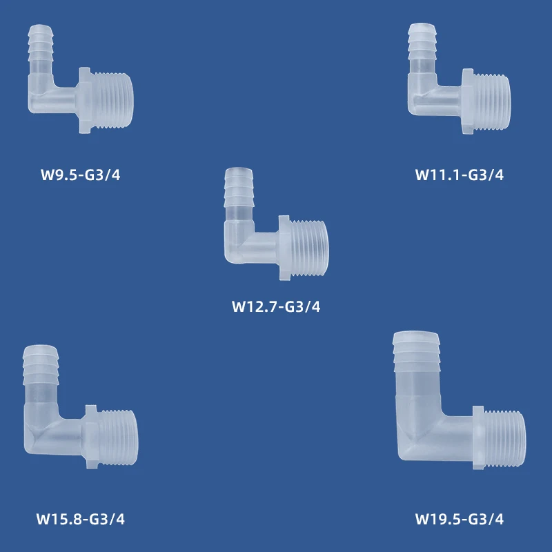 

PP Material YISAI Plastic Elbows Translucent Threading Hose Connectors G3/4 Outer Thread to Pagoda Joint