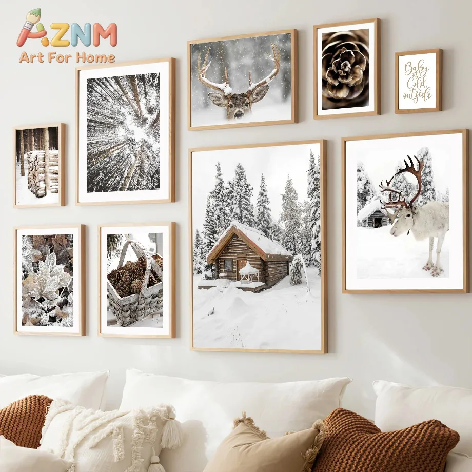 1Pc Winter Nordic Decor Living Room Bedroom Modern Snow Christmas Canvas Posters Elk Pine Forest