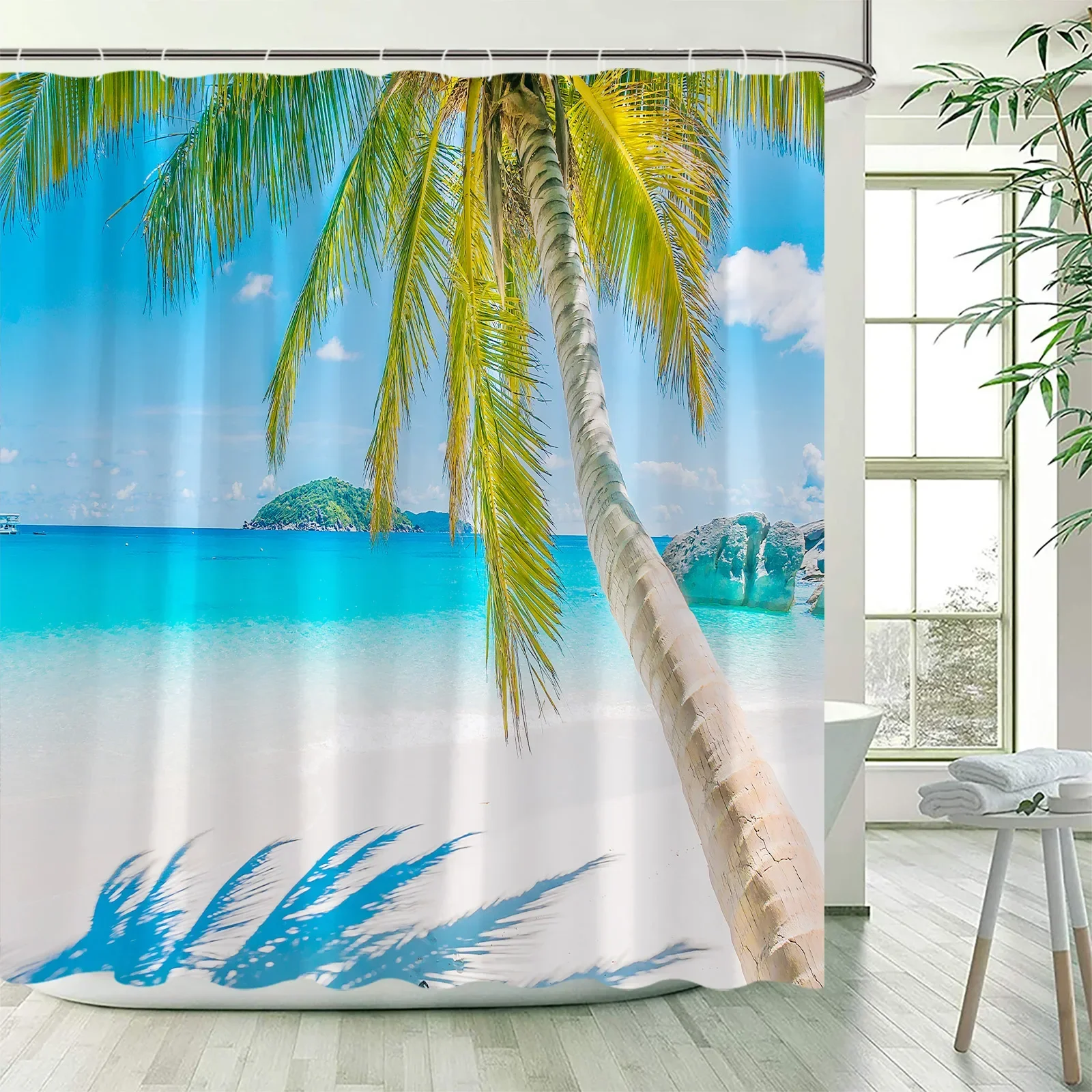 Seaside Beach Shower Curtains Sea Wave Coconut Tree Washable Bathroom Curtain Fabric Waterproof Polyester Bath Curtain Accessor