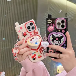 3D Cartoon Kuromi Cute Pink Hello Kitty Mirror bracket phone Case for iphone 11 14 12 13 15 Pro Max 16 Luxury Girl Lanyard cover