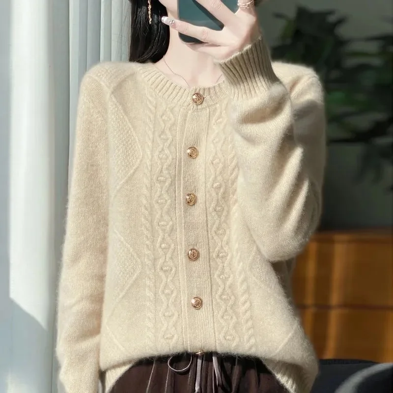 

Модные женские кардиганы из 100% мериносовой шерсти, кашемировый свитер, осень-зима, трикотаж с круглым вырезом и длинными рукавами, женская базовая одежда, топы