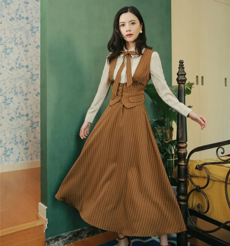 England Style Retro Suit Women Spring Autumn Outfits Plaid Shirt+Vertical Stripes Vest Skirt 3 piece Set Vintage Fashion Female