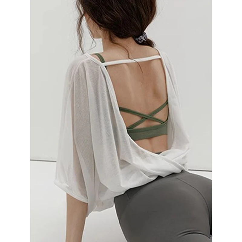 2024 Newly Summer Oversized T-Shirt Women Backless Sexy Cut Out Streetwear Tees Yoga Tops Jogger Running Shirts Blusa Feminina