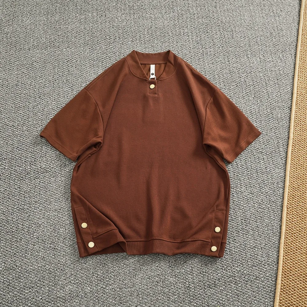 

Personalized hem snap button slit summer short-sleeved men's retro button-neck baseball collar casual half-sleeved T-shirt