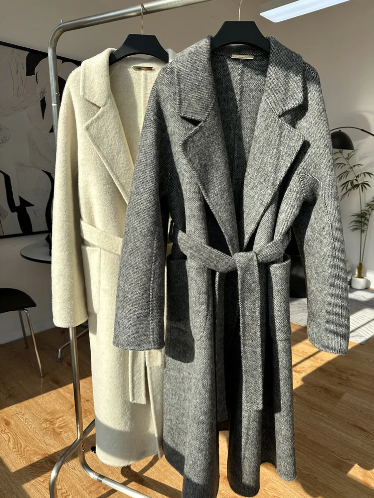 Casual Solid Color Double-sided Wool Alpaca Coat Women Long Temperament Lapel Long Sleeve Warm Woolen Coats Loose Autumn Winter